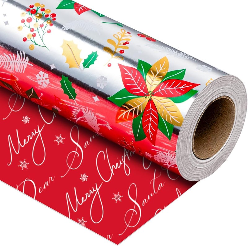 Yarcony Floral Christmas Wrapping Paper Rolls, Silver Christmas Wrapping Paper, Metllic Foil Poinsettias, Holly Berries, Winter Greens Pattern Holiday Gift Wrap for Celebration (17 Inch x 33 Feet) - Image 1